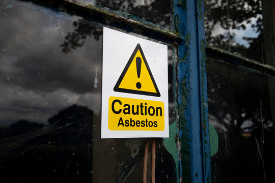 Asbestos warning sign, set of six naturally occurring silicate minerals made of microscopic fibres harmful when breathed in