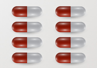 Set. Pill icon closeup, 3d realistic. Medical Isolated on a gray background. Capsule template design for graphic, mockup. The concept of medicine and healthcare.