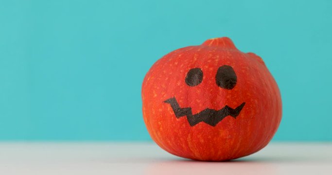 Little orange pumpkin dancing on blue background. Halloween holiday hand moves jack pumpkin