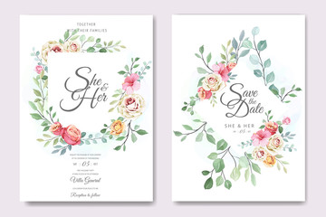 wedding and invitation card with floral and leaves template