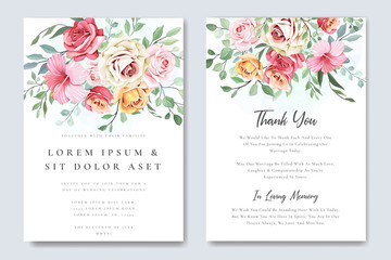 Fototapeta na wymiar wedding and invitation card with floral and leaves template