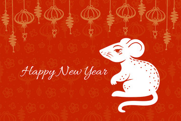 Vector Chinese New year greeting card with hand drawn mouse and chinese style flash light and motives pattern on red, illustration for Christmas and new year design, symbol of 2020 in Chinese calendar
