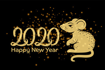 Vector Chinese New year greeting card with hand drawn mouse and lettering 2020 in gold with sparkles on black, illustration for Christmas and new year design, symbol of 2020 in Chinese calendar