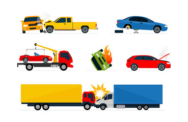 Road accidents set of different situations. Car crash isolated on white background. Colorful vector illustration set.
