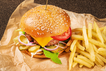burger with french fries on the parchment