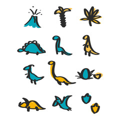Vector hand drawn dinosaur set of icons in doodle style for children textile, logo. Icon set of different dino - tyrannosaurus, triceratops, pterodactylus, stegosaurus, diplodocus, egg, leaf, volcano