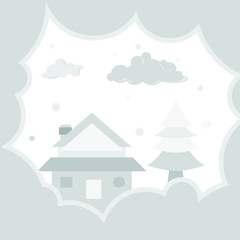 Winter landscape with house and tree.Clouds and snow on the sky in winter season.Merry Christmas and Happy New Year.Vector EPS 10.
