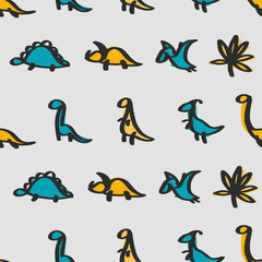 Vector doodle dinosaur seamless pattern in doodle style for children textile, logo. Icon set of different dino - tyrannosaurus, triceratops, pterodactylus, stegosaurus, diplodocus, tropical leaf