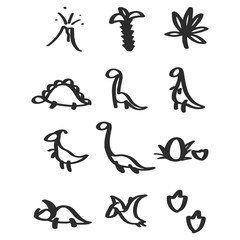 Vector hand drawn dinosaur set of icons in doodle style for children textile, logo. Icon set of different dino - tyrannosaurus, triceratops, pterodactylus, stegosaurus, diplodocus, egg, leaf, volcano