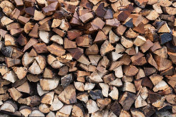 Stack of firewood, background closeup