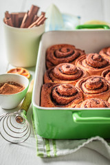 Homemade cinnamon rolls made of puff pastry and cocoa
