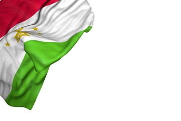 pretty independence day flag 3d illustration. - Tajikistan flag with big folds lay in top left corner isolated on white