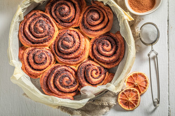 Homemade cinnamon buns as swedish christmas dessert.