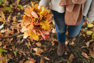 Beautiful Autumn Woman with Autumn Leaves on Fall Nature.