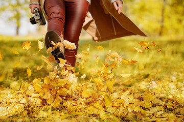 Happy woman playing with autumn leaves in forest