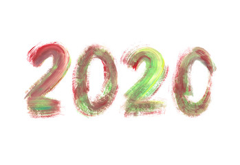 Green and red watercolor sign 2020 on white background. Hand drawn paint stains  New Year logo for your design.