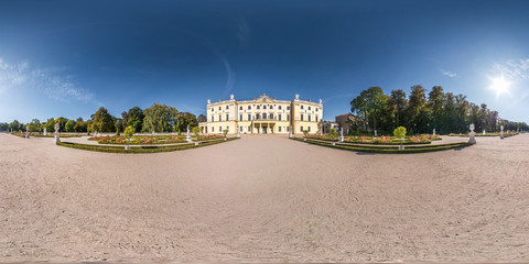 full seamless spherical hdri panorama 360 degrees angle view of city park near courtyard restored medieval castle with sculptures  equirectangular projection with zenith and nadir. for VR content