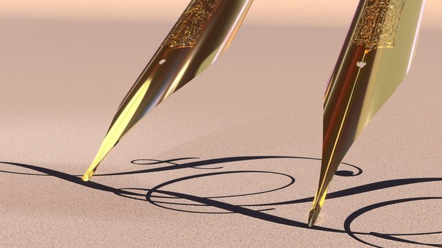 3D rendering of antique golden fountain pen tips over paper