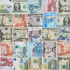 Dollar, euro and ruble banknotes. Square money background