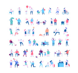 Flat vector people big vector set. Crowd of people. Various male and female flat characters isolated on white background. People outdoor activities.