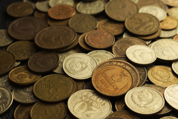 Collection of old USSR (Soviet Union, Communist Russia) coins. Kopeck coins background. Top view