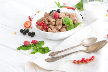 chocolate cereal pads with berries in bowl Healthy tasty breakfast chocolate square pads with strawberries, raspberries, black currants and red currants.