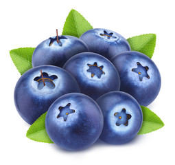 Heap of blueberries with leaves isolated on white background. As design element.