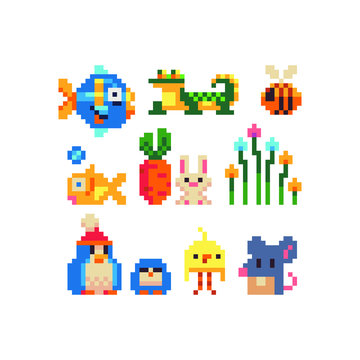 Different cartoon animal characters pixel art icons set, fish, tropical, lizard, bee, baby, carrot, hare, penguin and mouse. Design for logo, sticker, mobile app and web, isolated vector illustration.