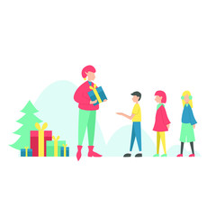 Elf giving children gifts for the new year 2020. Vector flat illustration isolated on white background. Family cute christmas card, poster, picture, invitation.
