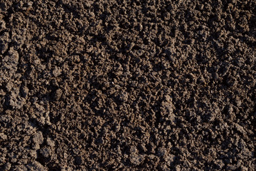 Soil background. Dark brown ground texture. Top view