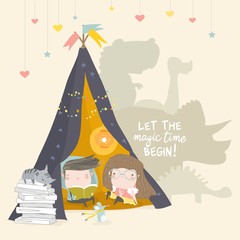 Kids reading book in a teepee tent © Maria Starus