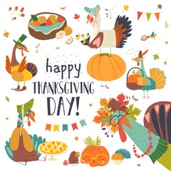 Funny turkeys with Thanksgiving theme on white background