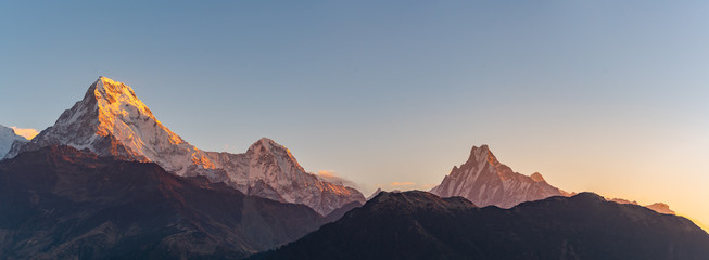 Panoramic view to Annapurna mountain, Viewpoint in the morning on Poon Hill, Nepal landscape,Himalaya Range, Asia. 
