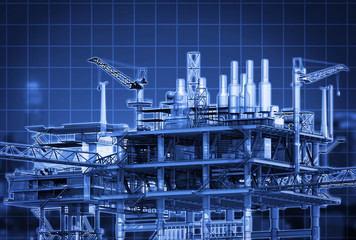 Fototapeta premium Blue screen digital scan oil rig building,3D rendering