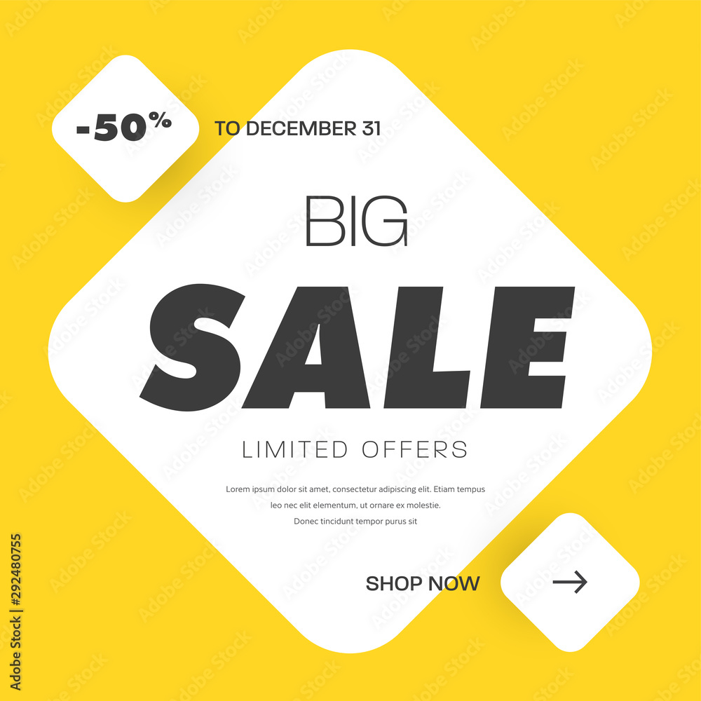 Poster vector yellow square shape banner with rounded rhombus, arrow button and 50% discount.