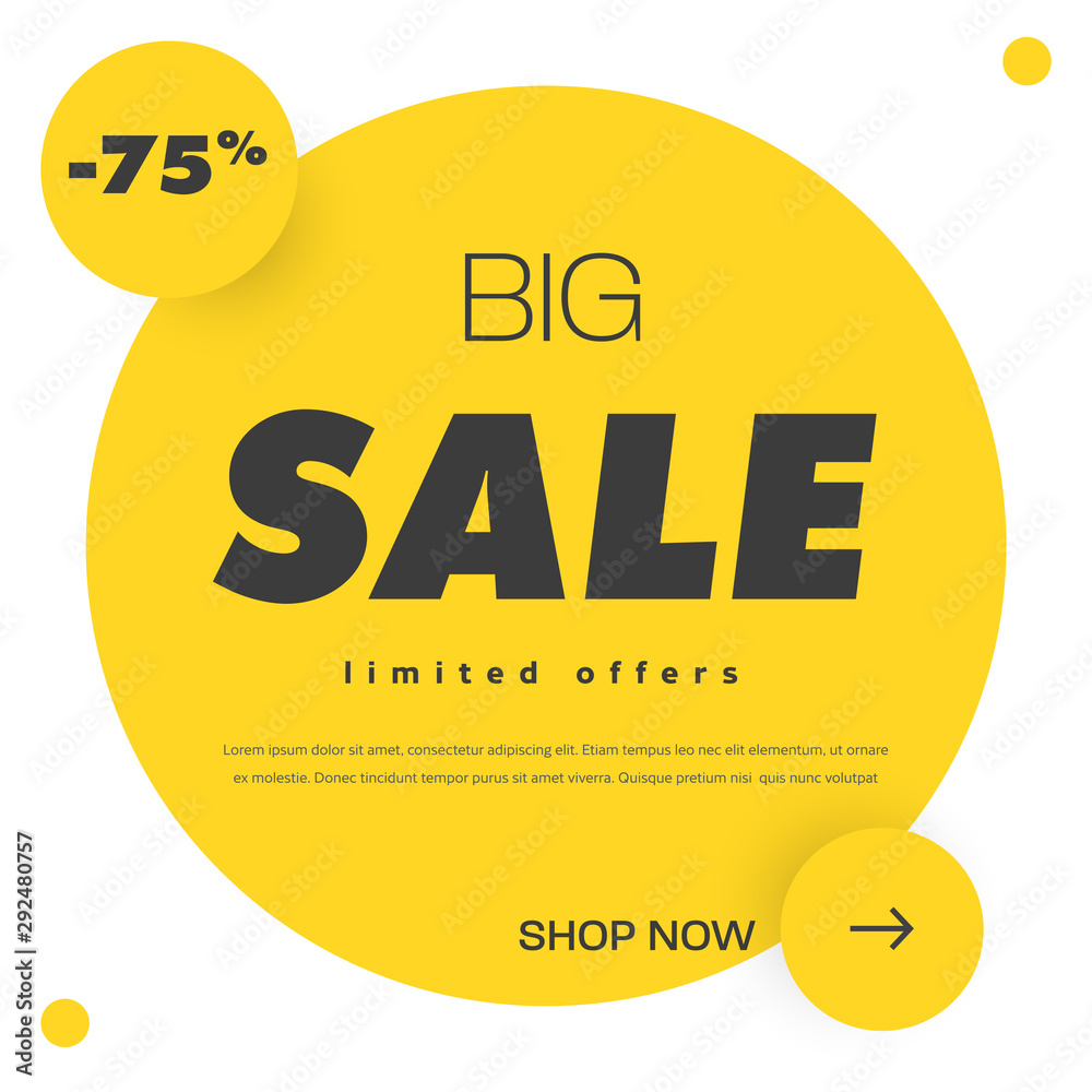Poster vector square design banner with circle, arrow button and 75% discount.