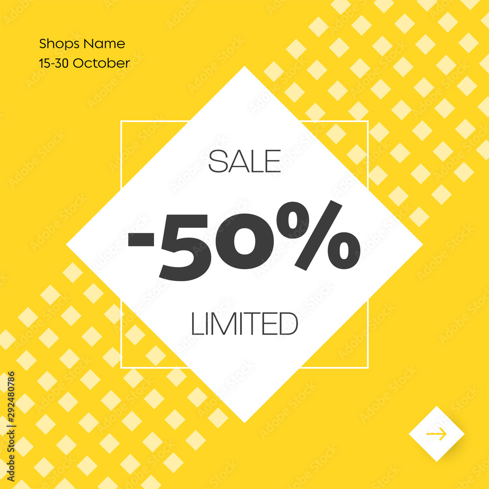 Poster Design of a square yellow banner with an abstract pattern, a white rhombus, an arrow button and a 50% discount.