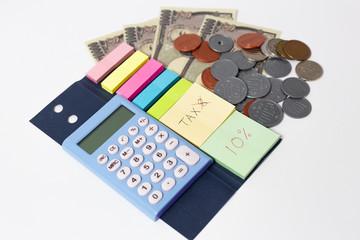 calculator and coins on white background