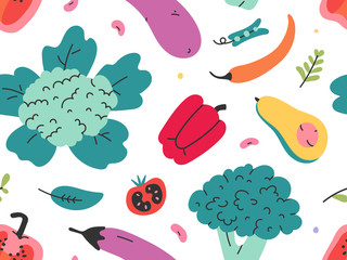 Various vegetables seamless vector pattern of hand drawn fresh tasty vegetarian food. Repeat wallpaper with cooking fresh tasty organic raw products for cooking book, menu or textile fabric print.