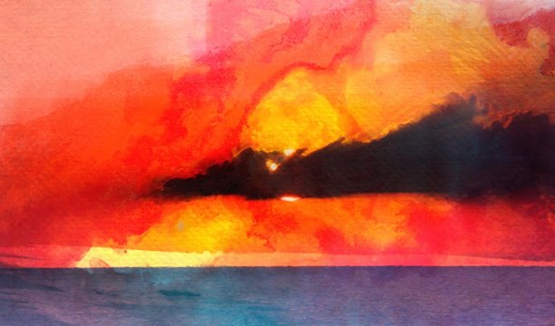 abstract oil painting of sunset over sea on canvas. Rich golden sunset over ocean.Panorama.Modern Impressionism