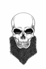 Monochrome illustration barbershop of skull with beard, mustache, hipster haircut and on white background, cartoon, angry, beautiful, brutal.