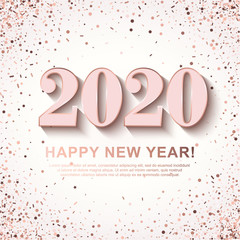 Happy New Year Banner with shining rosiness 2020 Numbers on white Background with scattered geometric Confetti. Vector illustration. All isolated and layered