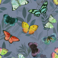Seamless pattern with flying butterflies, hand drawing..Butterflies Seamless Pattern. Watercolor Hand Drawn Background..