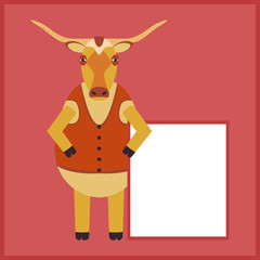 Funny bull with long horns holds a white poster for advertising. Rustic flat cartoon cow character. Longhorn in a vest. Isolated drawing of a mammal animal on a red background.