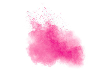 Pink powder explosion on white background.Pink dust splash cloud on background.