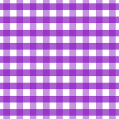 Violet checkered seamless pattern. Violet and white plaid texture. Purple Gingham seamless background. Chequered backdrop for textile, tablecloth, shirt and other fashion products. Vector illustration