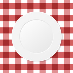 White plate on a red checkered tablecloth. Empty dish on a kitchen table cloth. Seamless pattern. Table setting for dinner. Meal, eat, red table cover. Top view. Vector illustration, flat, clip art. 