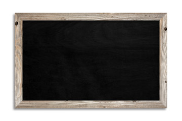 Fototapeta premium A black chalkboard on a white background and a wooden frame with clipping path . Promotion and details concept