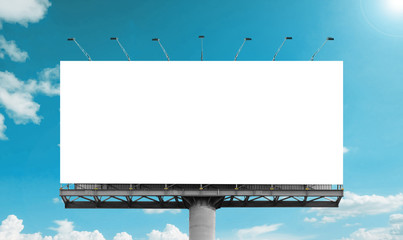 Mockup Large white blank billboard or white promotion poster displayed on the outdoor against the blue sky background. Promotion information for marketing announcements and details - obrazy, fototapety, plakaty