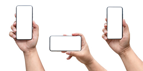 hand holding smartphone device and blank touching screen.isolated  on white background